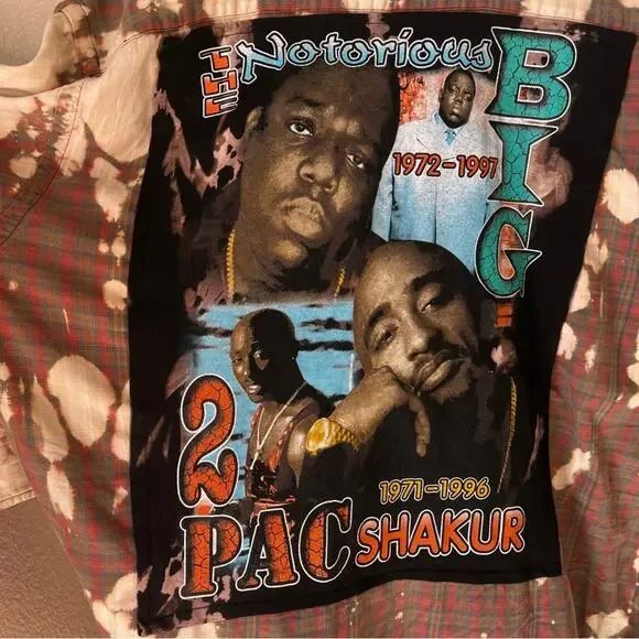 Urbnvtg " Re-worked " Pac + Biggie Distressed Flannel Shirt Men's Size XL